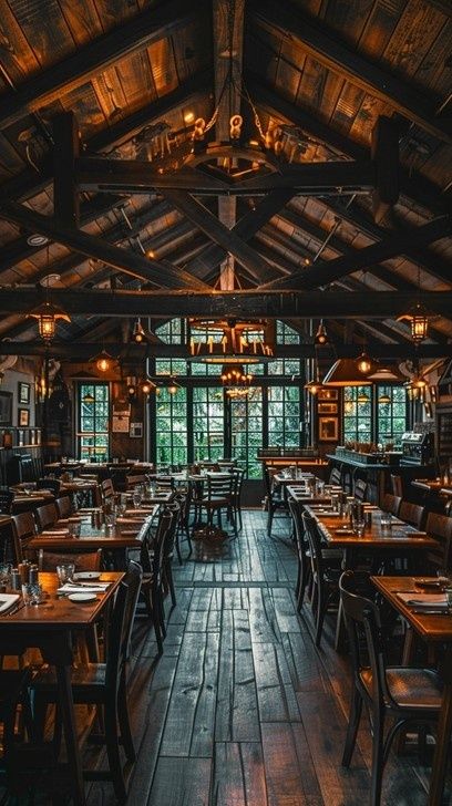 Rustic Viennese-style bistro with wooden tables and exposed beams